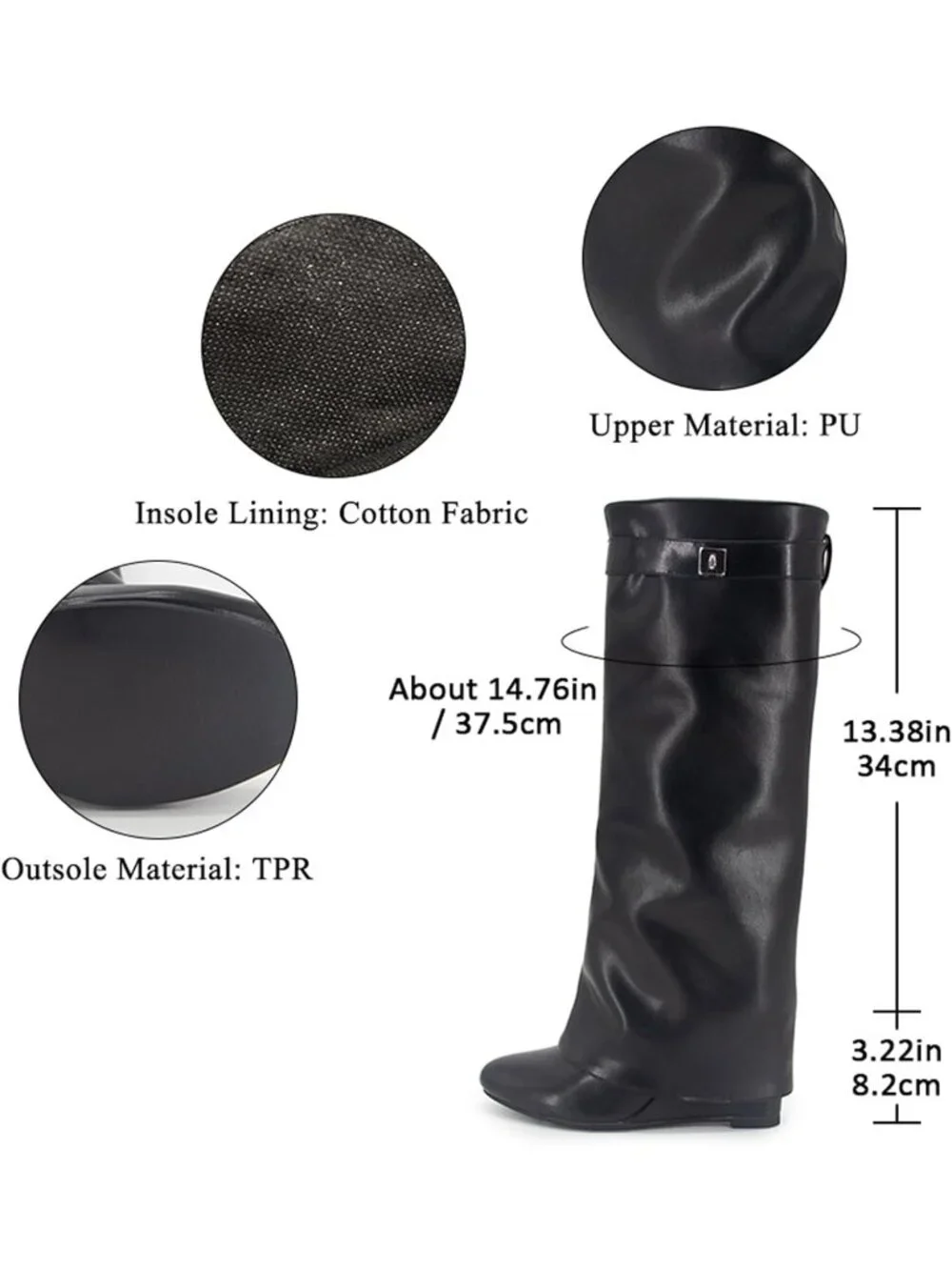 Women's Black Pointed Toe Wedge Heel Comfortable Fold Over Knee High Shark Boot